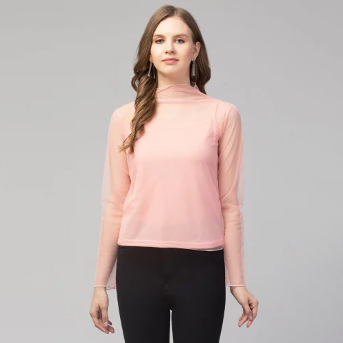 Ladies Pink Mesh High Neck Top - Pattern: Plain