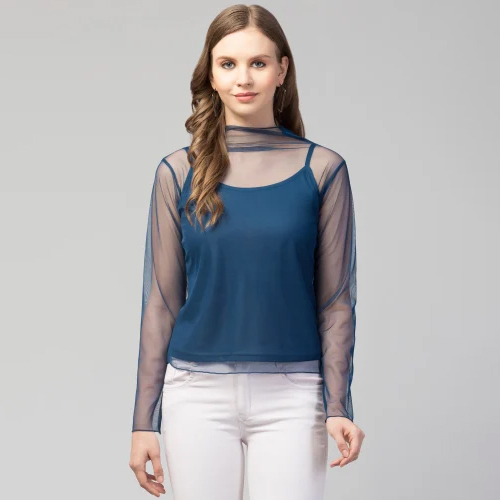 Ladies Mesh High Neck Top - Color: Blue