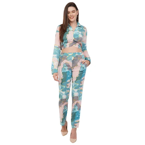 BO121 Blue Women Top And Bottom Co-Ord Set