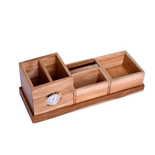 Promotional Teak Wood Table Clock Pen Stand - Size: Different Available