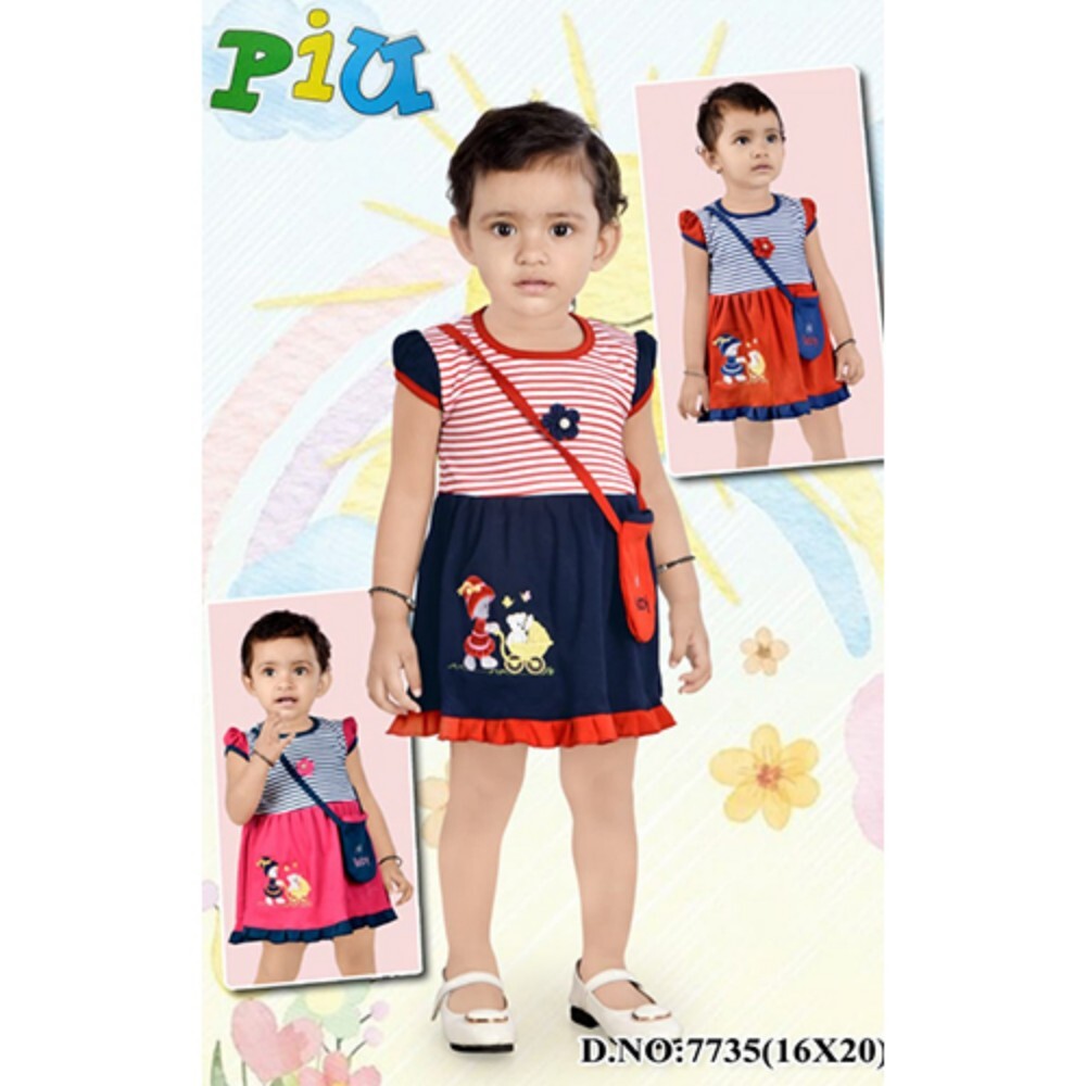 7735 Baby Girls Frocks - Cotton, Short Sleeves, Modern Printed Pattern | Washable, Breathable Material, Ideal for Summer Wear