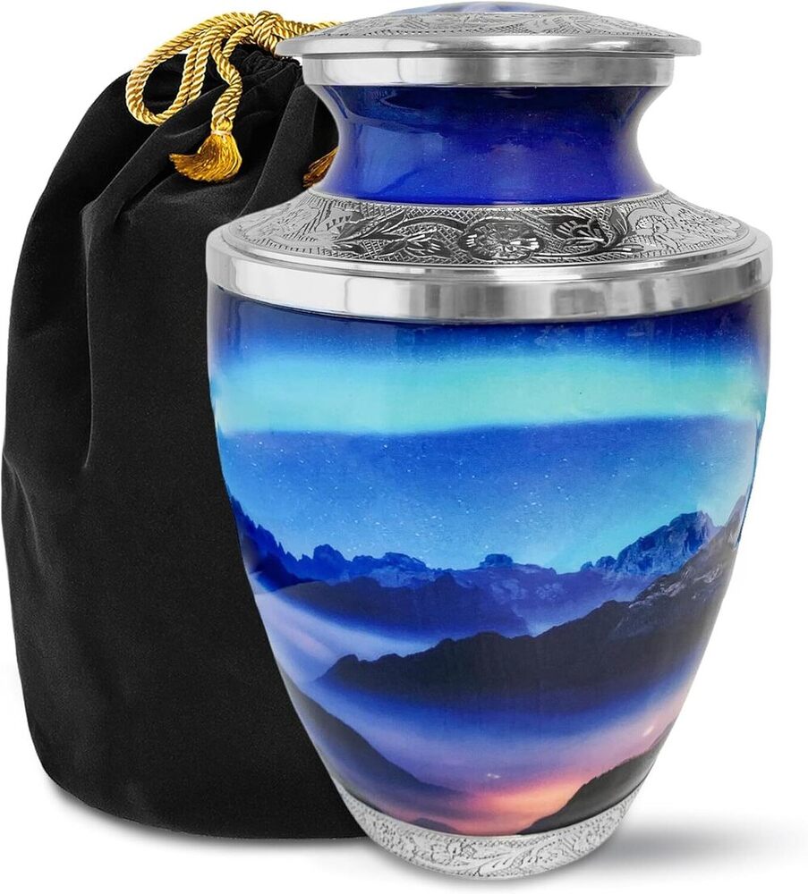 माउंटेन व्यू मेटल वयस्क दाह संस्कार urn राख के लिए बड़े आकार की टेस्टि आकार की अंतिम संस्कार urn थोक आपूर्ति