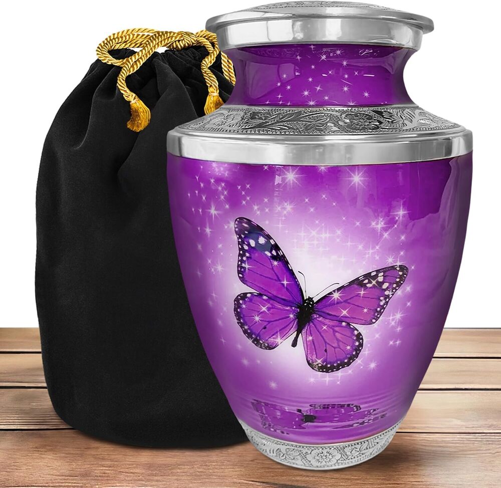 Purple Butterfly Metal Adult Cremation Urn for Ashes