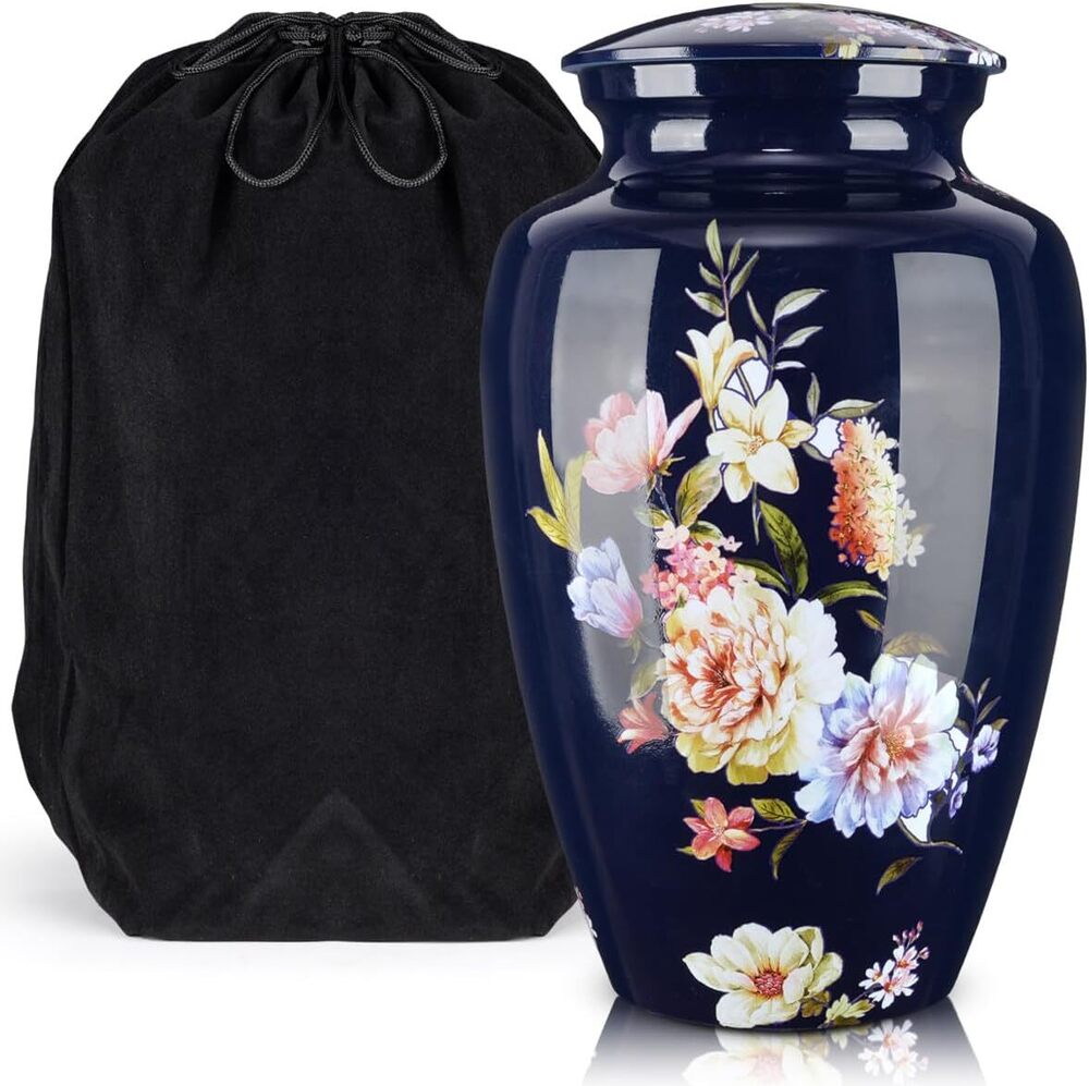 मानव अस्थियों के लिए पुष्प डिज़ाइन वाला एल्युमिनियम वयस्क दाह संस्कार बर्तन, स्मारक बर्तन