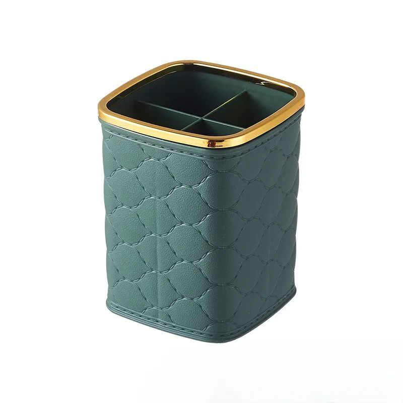 Cherrybox Stylish Pen Holder - 9.5x12 Cm Square Design, Multipurpose Tumbler Mug With Golden Top Ring For Office And Makeup Brush Organization