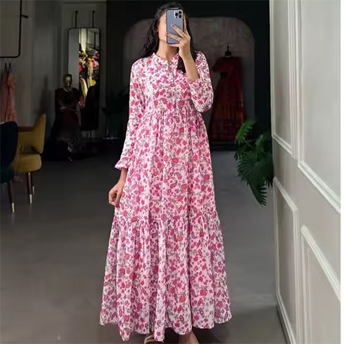 Pink Floral Pleated Chiffon Long Dress For Autumn Vacation Floral Print Casual Maxi Dress For Women - Season: Summer