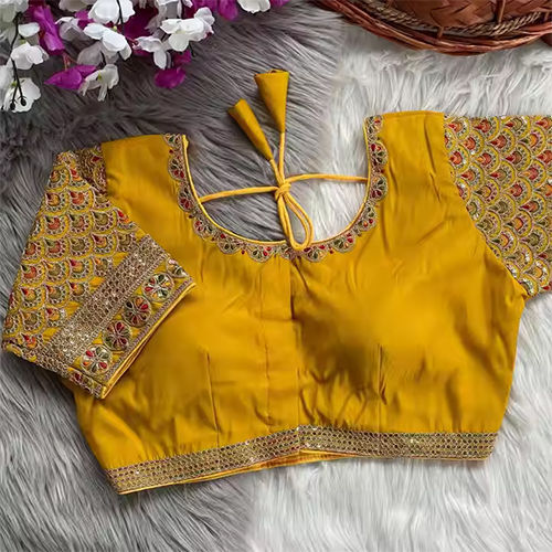 Designer Readymade Blouse For Your Saree In Silver Embroidery Work For Wedding - Color: Yellow