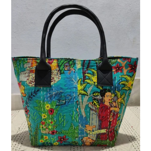 Kantha Work Handle Bag - Cotton Material, 17x15 Inches | Floral Print, Moisture-Proof, Recyclable, Hand Length Handle, Versatile Use