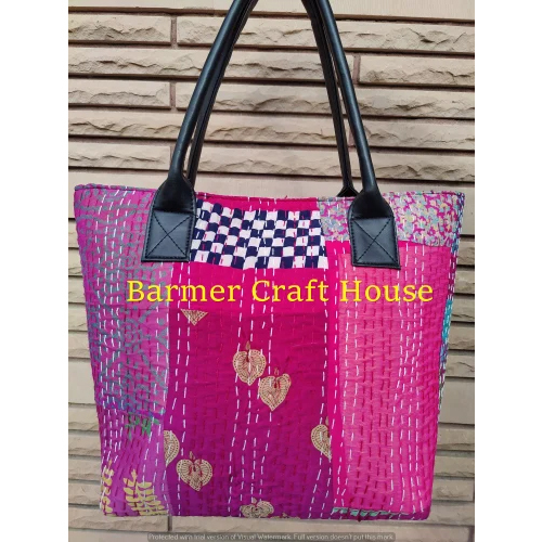Kantha Patchwork Shoulder Bag - Kantha Patches & Leather, 13 X 18 Inches, Any Color | Recyclable Design, Customizable Personal Style