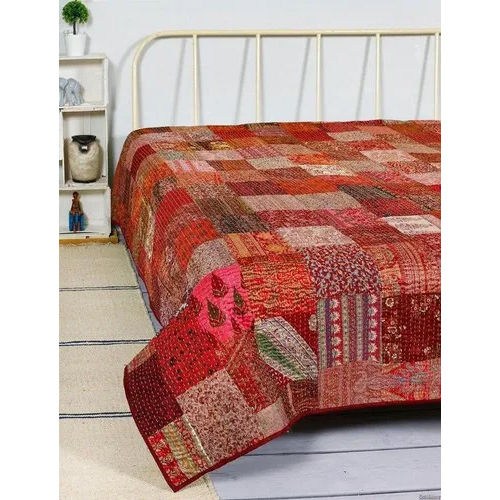 Patchwork Silk Patola Kantha Quilt Handmade Kantha Bedcover Quilt - Material: 100% Cotton