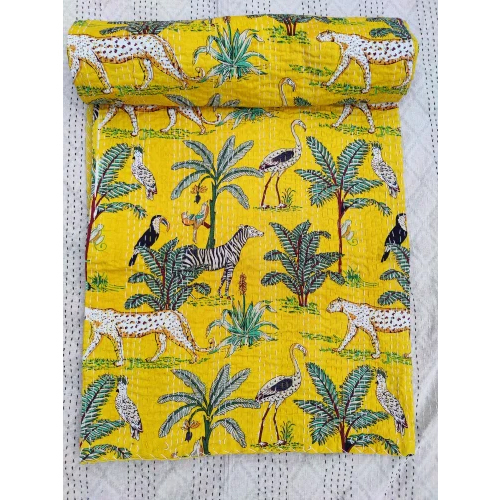 Safari Printed Cotton Kantha Bedcover Quilt - Use: Home