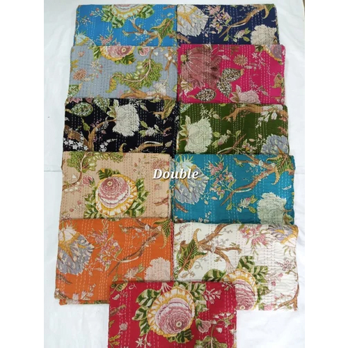 Printed Cotton Kantha Quilt - Size: Twin