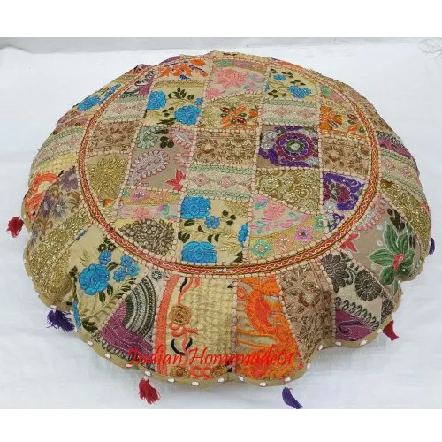 Round Patchwork Pouffe Cushion Cover - Color: Multicolor