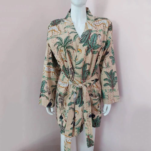 Silk Printed Beachwear Kimono Robe - Color: Multicolor