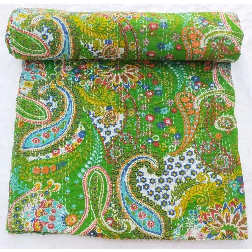 Paisley Kantha Quilts Handmade Cotton Kantha Bedcover Quilt Throw - Feature: Washable