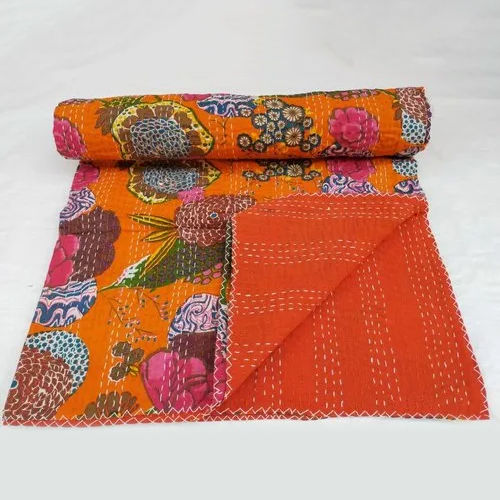 Handmade Cotton Kantha Quilt Printed Kantha Bedcover Throw - Feature: Washable