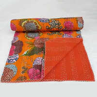 Handmade Cotton Kantha Quilt Printed Kantha Bedcover Throw