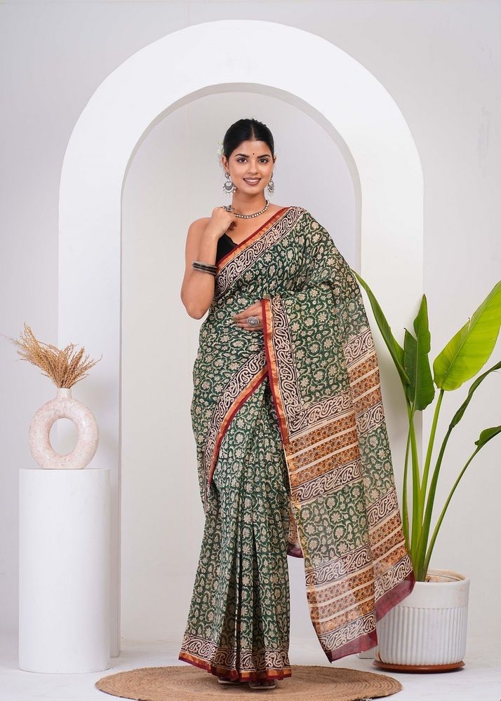 Green Chanderi Silk Saree - Color: As Per Your Requirement.