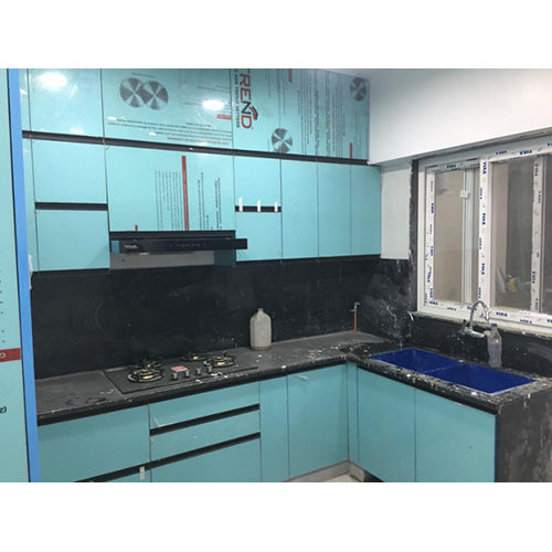 L Shape Modular Kitchen Design - Color: Light Blue