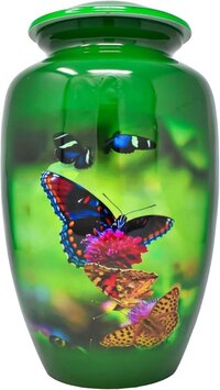 Butterfly Green Cremation Urn - Aluminium, 10" X 6.5", 220 Cubic Inches | Modern Design, Custom Logo Accepted, Safe Corrugated Box Packaging