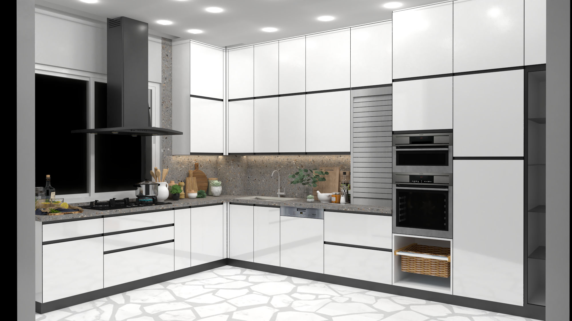 L Shape Modular Kitchen With Chimney