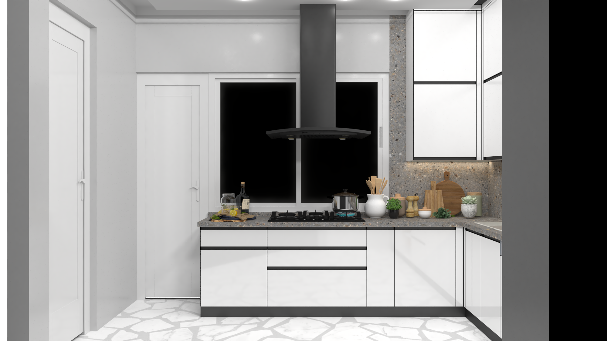 L Shape Modular Kitchen With Chimney