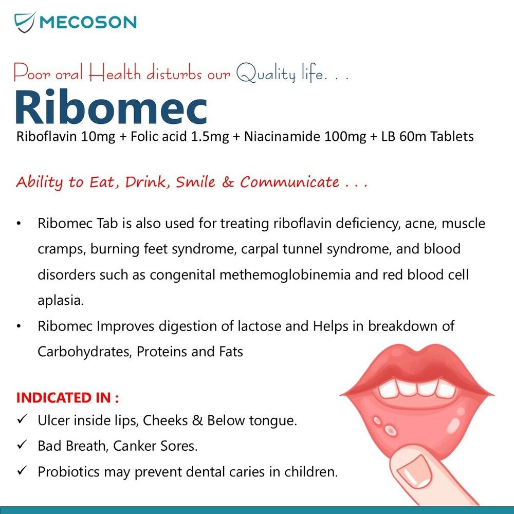 Riboflavin 10mg Folic acid 1.5mg Niacinamide 100mg Lactic Acid Bacillus 60m Tab