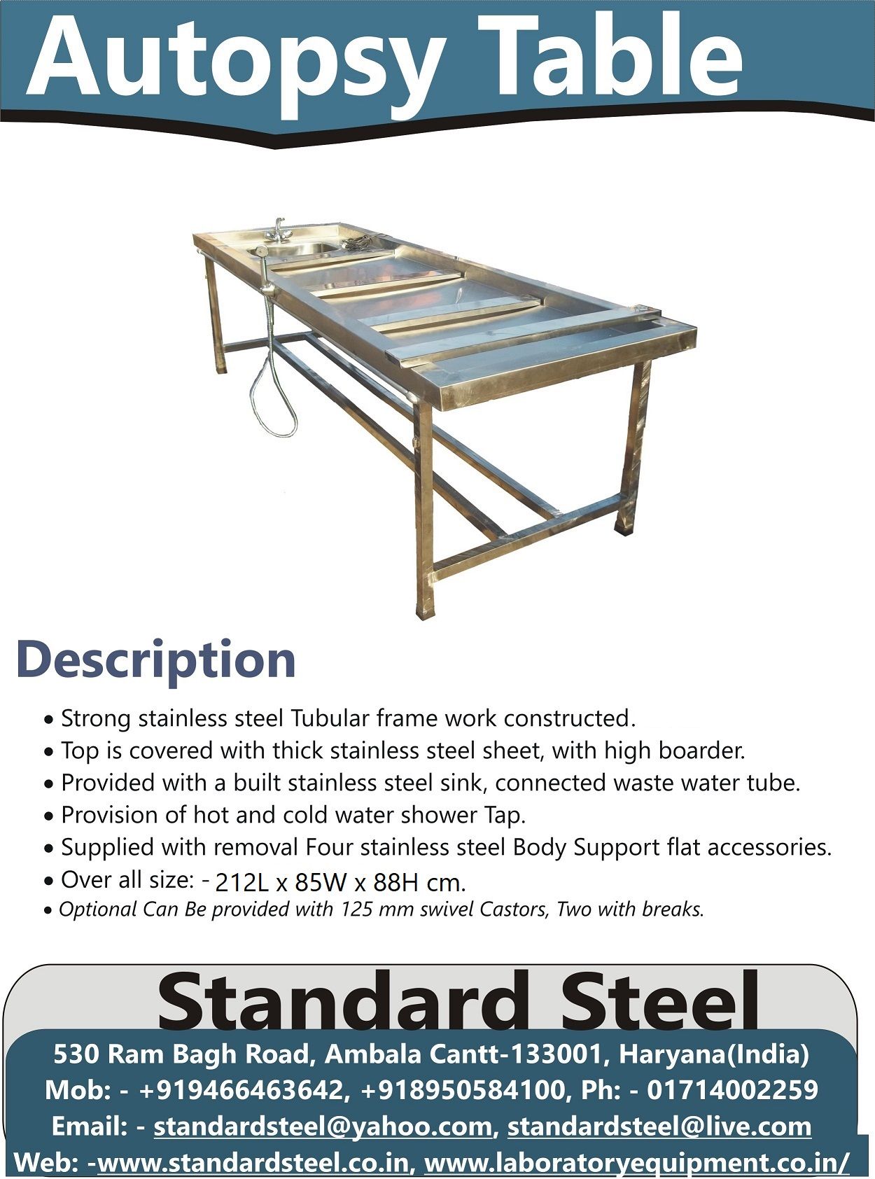 Stainless steel Autopsy Postmortem Table