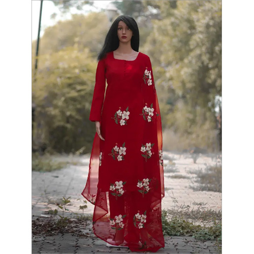 Velvet Red Suit With Net Dupatta
