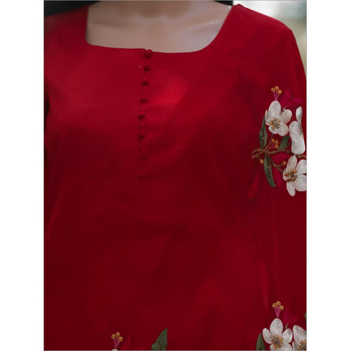 Polyester Cotton Red Suit With Embroidery Dupatta