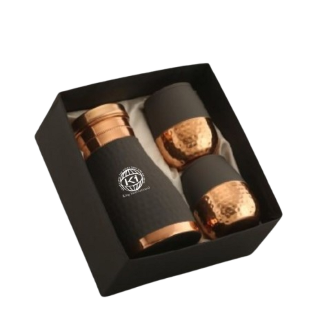 Copper Jar Set - Pure Copper, Round Shape, Dark Green | Elegant Serving Set With Two Glasses, Timeless Home Decor, Eco-friendly Gift