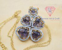 Natural Gemstone With Cubic Zircon Gold Plated Flower Design Pendant Necklace