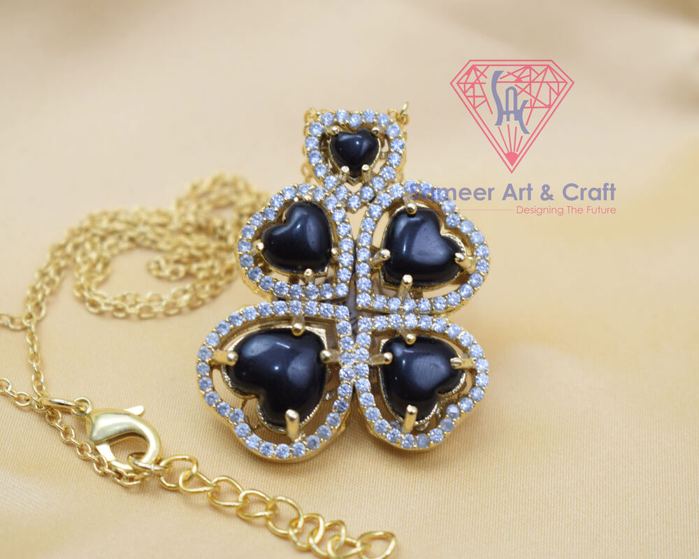 Natural Gemstone With Cubic Zircon Gold Plated Flower Design Pendant Necklace