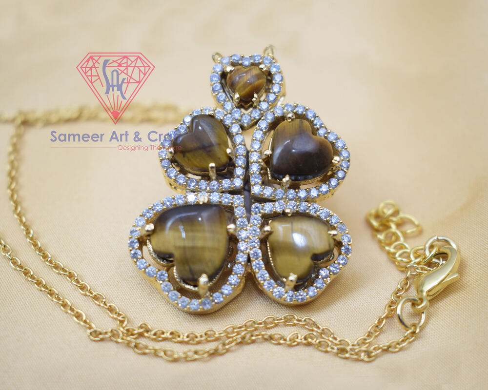 Natural Gemstone With Cubic Zircon Gold Plated Flower Design Pendant Necklace