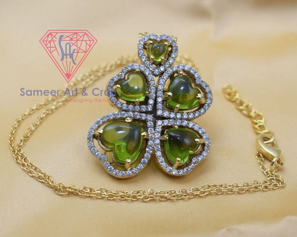 Natural Gemstone With Cubic Zircon Gold Plated Flower Design Pendant Necklace