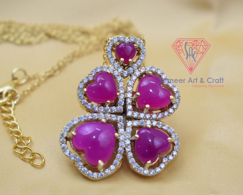 Natural Gemstone With Cubic Zircon Gold Plated Flower Design Pendant Necklace