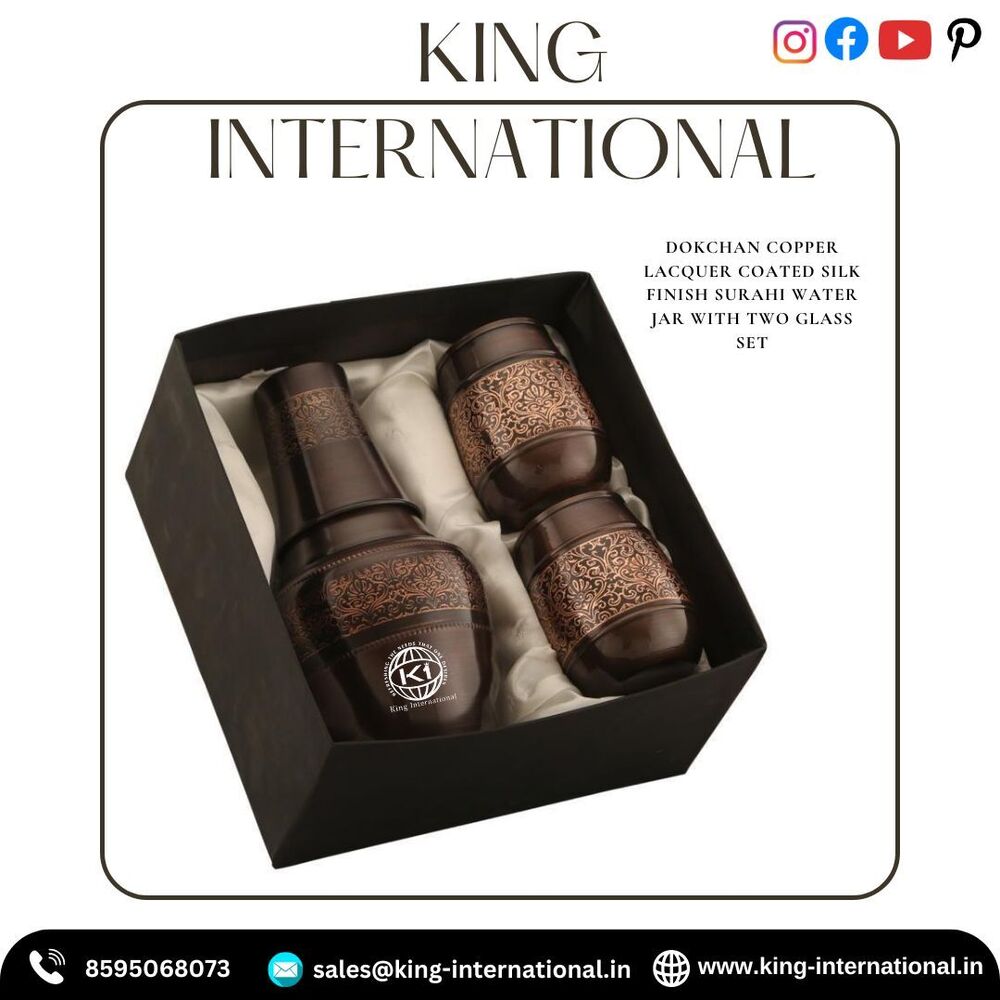 ANTIQUE ENGRAVED COPPER WATER JAR WITH TWO GLASS SET