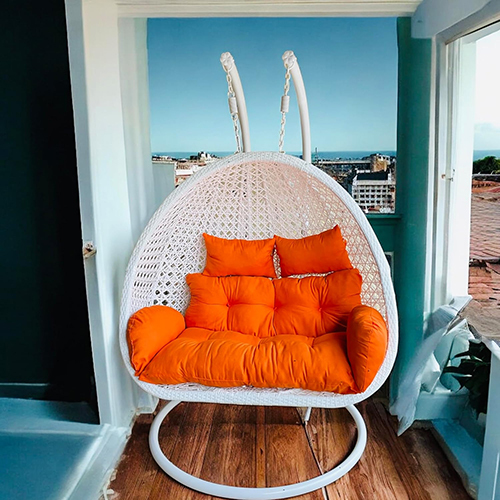White Swing With Orange Cushion Outdoor Double Seater Swing
