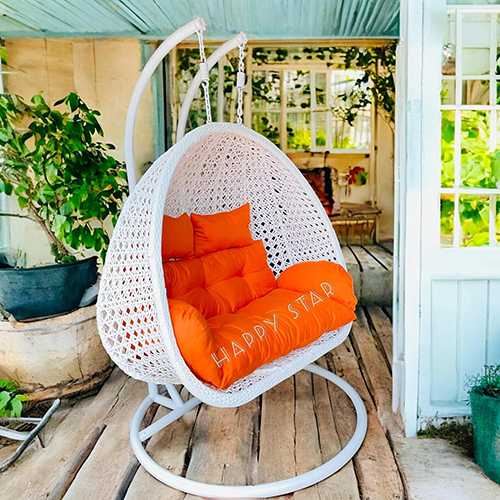 White Swing With Orange Cushion Outdoor Double Seater Swing