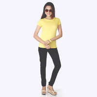 Girl Round Neck T Shirt - Cotton Blend , Yellow Color, Short Sleeves, O-Neck Collar, Plain Pattern for Versatile Styling