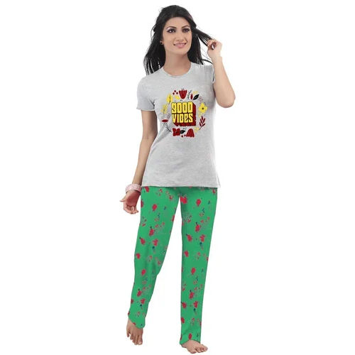 Ladies Printed T-Shirt And Pyjama Set - Material: Cotton