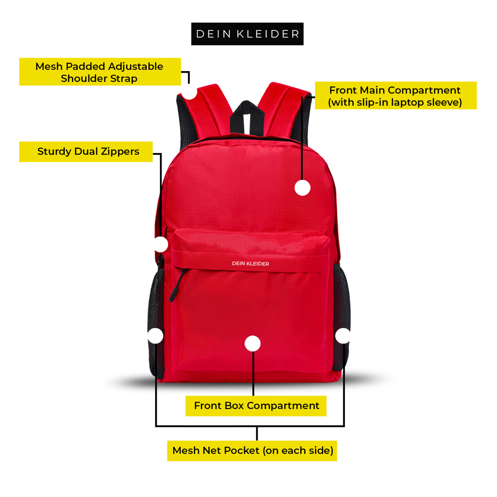 25 Litres Classic School Bag - Polyester, 16.5x12x7 Inches, Red | Casual, Waterproof, Adjustable Straps, 2 Compartments, Unisex Design
