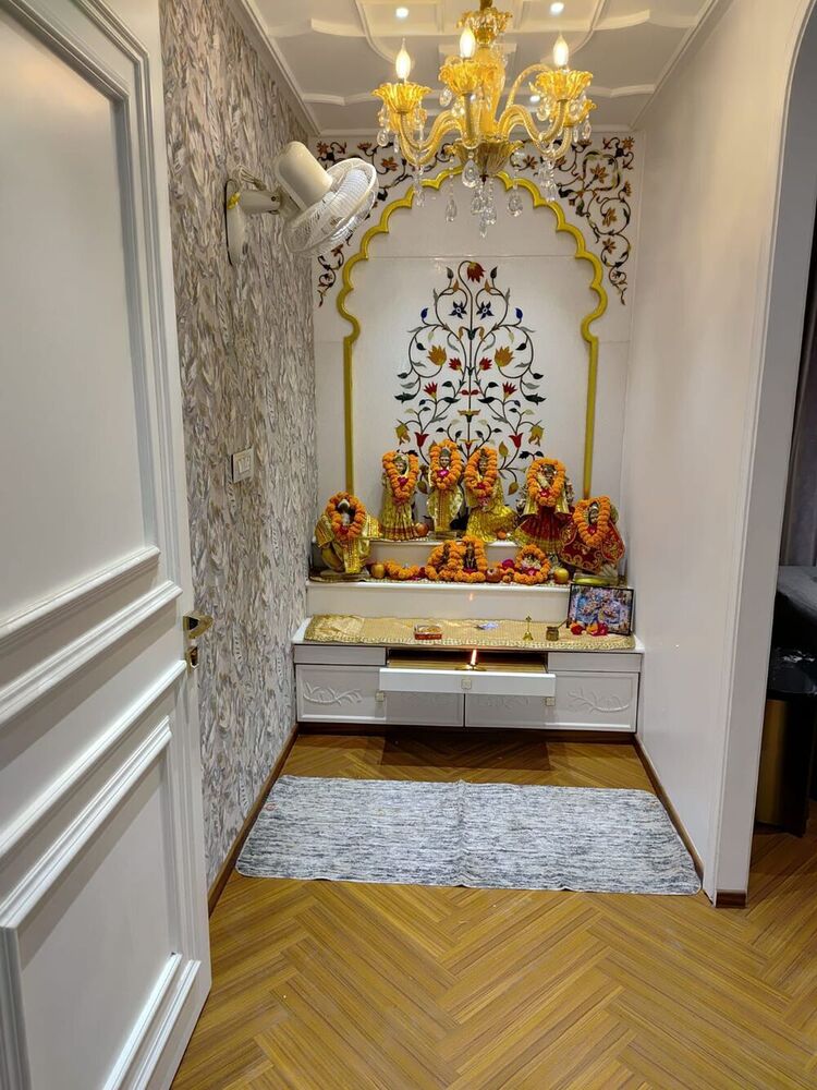 Home Temple - Marble & Wood, Variable Dimensions | Traditional Style, White Polished Finish For Home Prayer And Worship