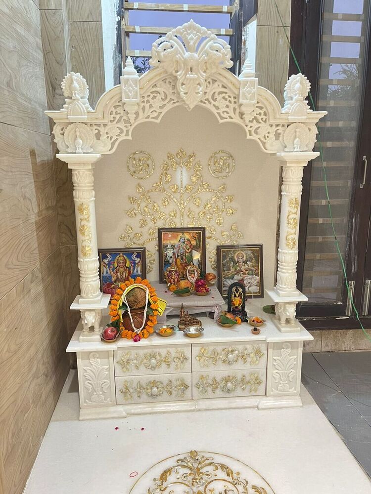 Home Temple - Marble & Wood, Variable Dimensions | Traditional Style, White Polished Finish For Home Prayer And Worship