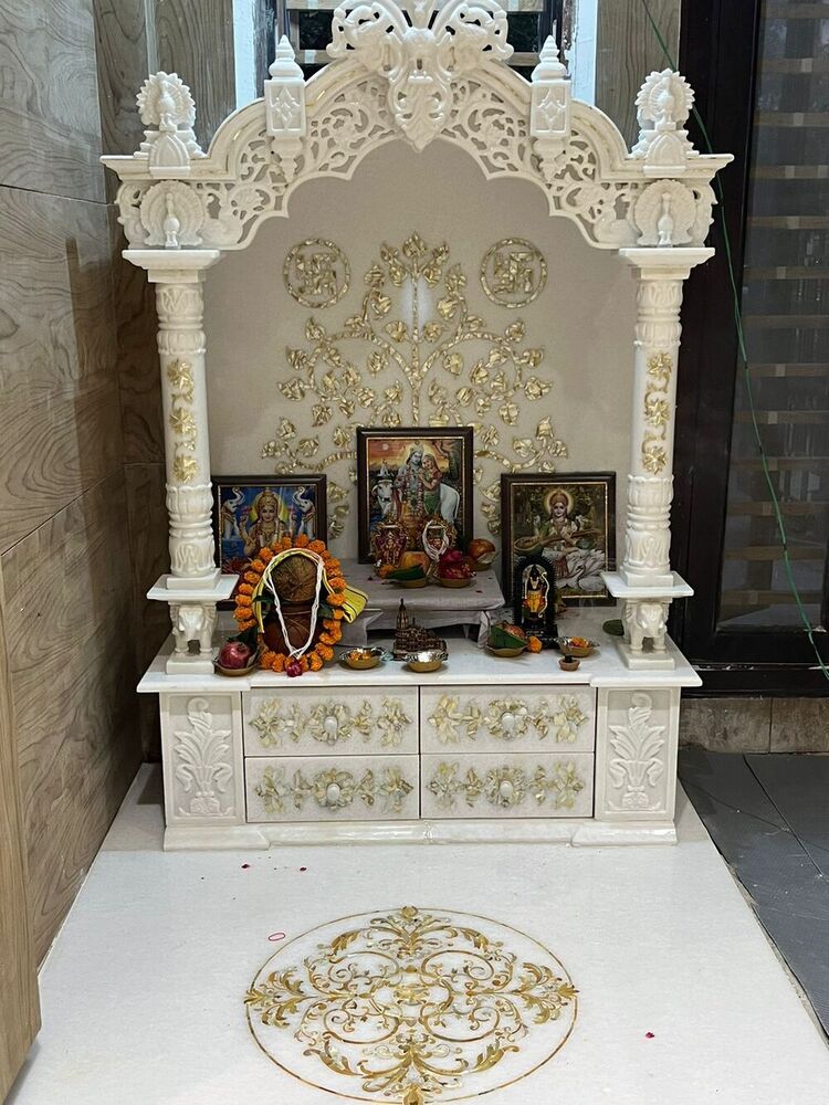 Home Temple - Marble & Wood, Variable Dimensions | Traditional Style, White Polished Finish For Home Prayer And Worship