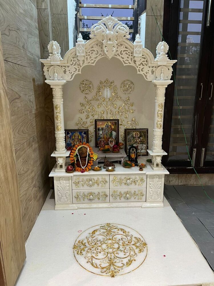 Home Temple - Marble & Wood, Variable Dimensions | Traditional Style, White Polished Finish For Home Prayer And Worship
