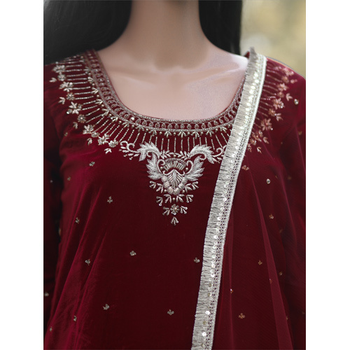 Velvet Hand Embroidery Suit With Net Dupatta