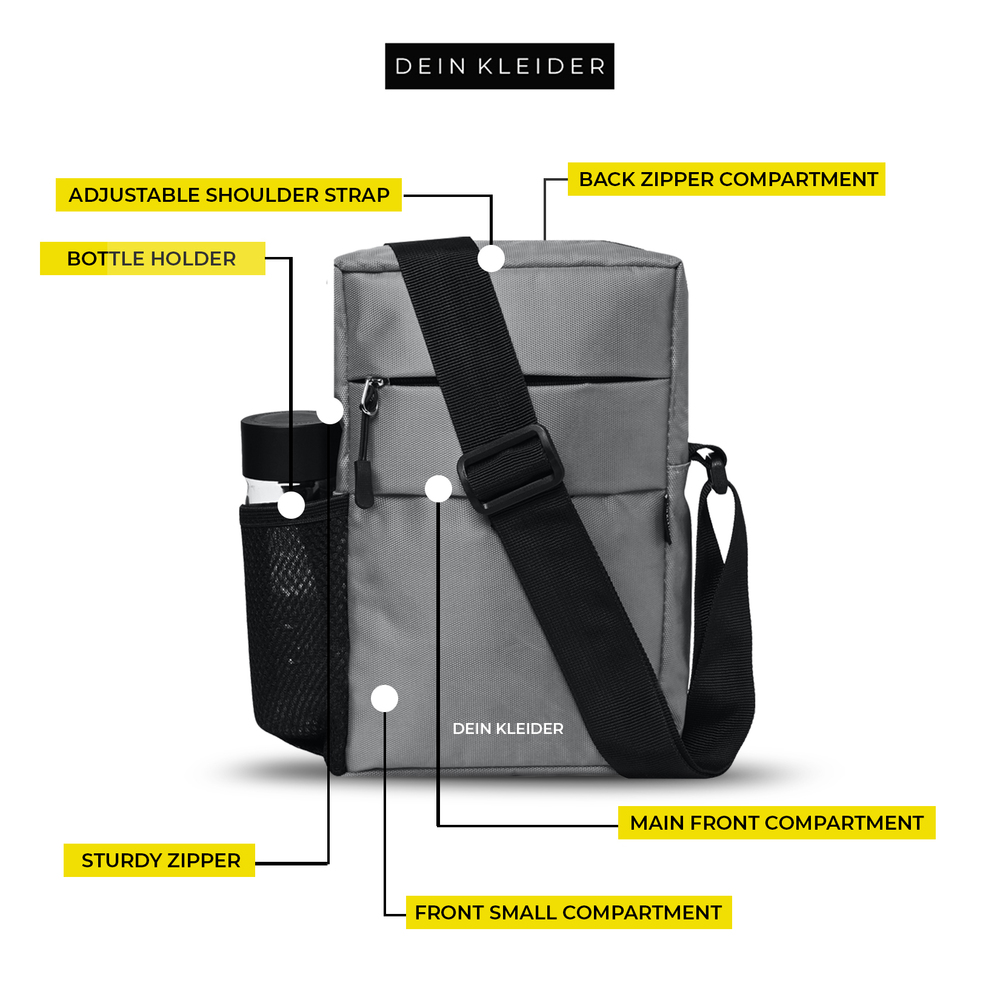 Grey Nylon Sling Cross Body Utility Travel Office Business Messenger one Side Shoulder Bag