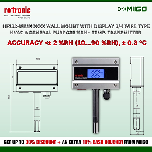 HF132- WB1XDXXX wall mount with display 3/4 wire type hvac & general purpose %rh - temp. transmitter