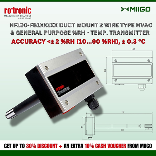 Duct mount 2 wire Humidity- temperature transmitter HF120-1XX1XX